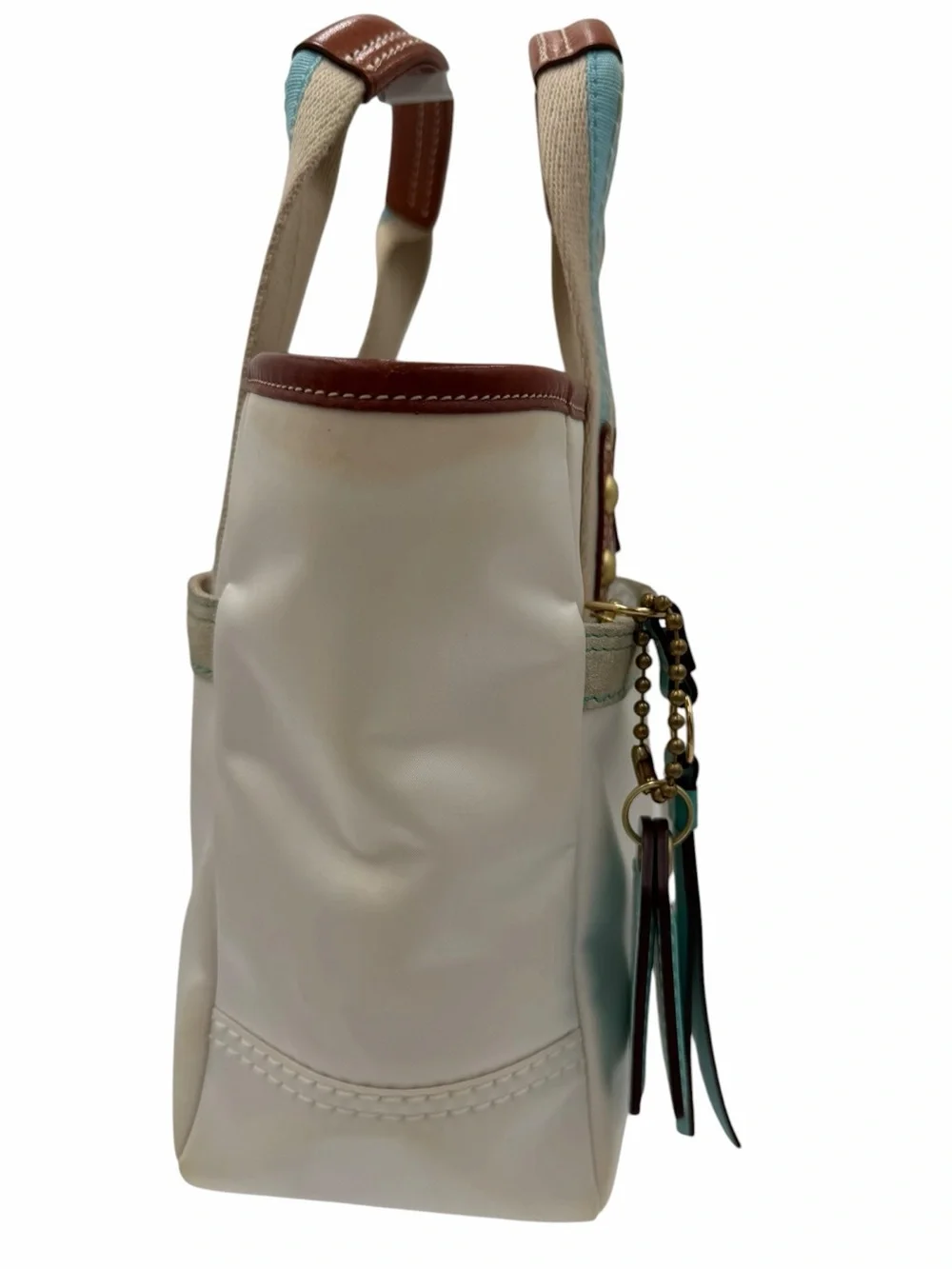 Vintage Coach Hampton White & Aqua Nylon Mini Tote Bag Leather Trim - Picture 3 of 12